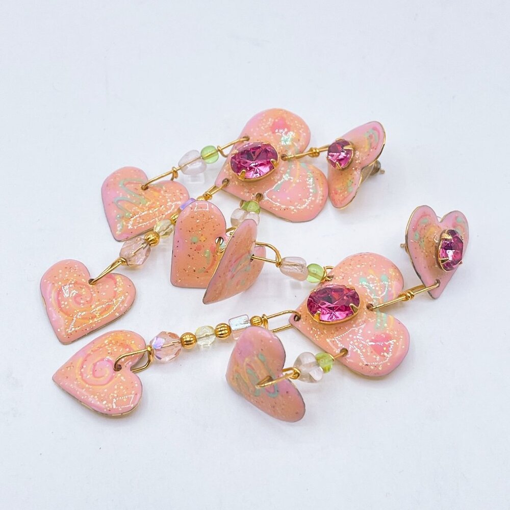 Lunch At The Ritz Pink Heart Dangle Earrings W/ Rhinestones & Beads Gold Tone Ba - Picture 7 of 7